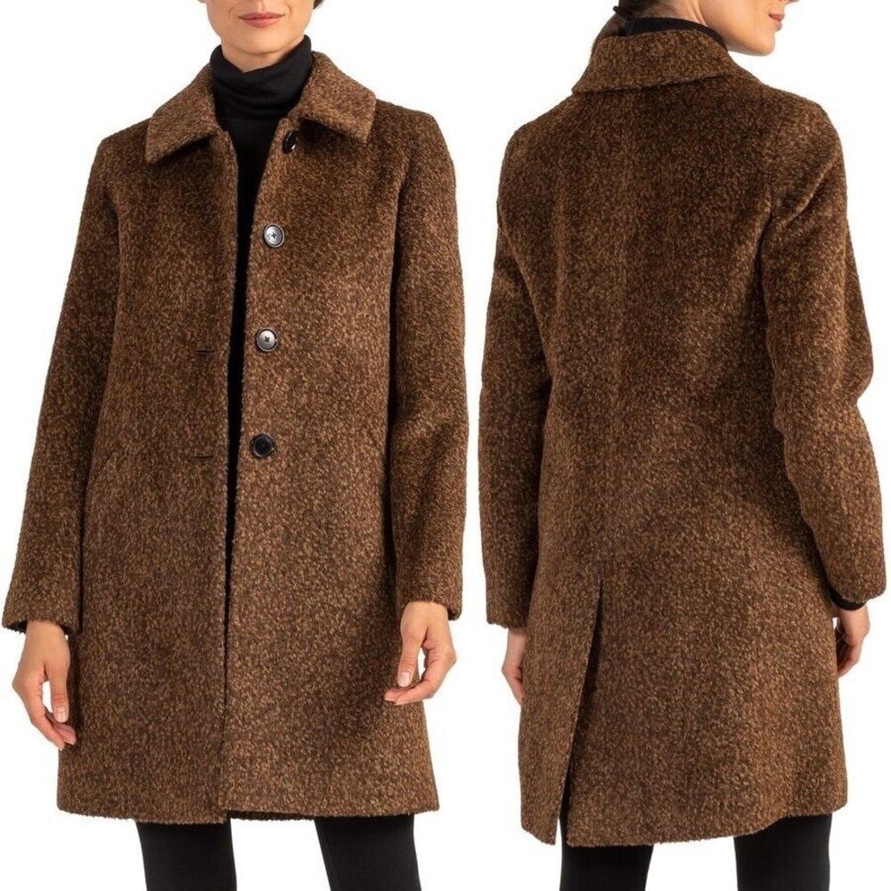 VTG Express Women Mid-Length Brown Tweed Coat SZ M Classic Button Closure Collar